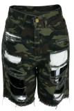 Camouflage Mode Casual Camouflage Print Gescheurde Rechte Denim Shorts met hoge taille