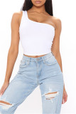 White Sexy Casual Solid Backless One Shoulder Tops
