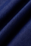 Lichtblauwe mode casual plus size effen patchwork spijkerjurk met kraag
