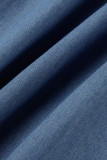 Blaues, modisches, lässiges, solides Patchwork-Umlegekragen-Denimkleid in Übergröße
