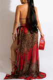 Red Fashion Sexy Print Leopard Bandage Backless Swimwears Dreiteiliges Set (mit Polsterungen)
