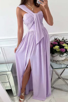 Фиолетовое модное сексуальное однотонное вечернее платье в стиле пэчворк с открытой спиной и разрезом на одно плечо Платья