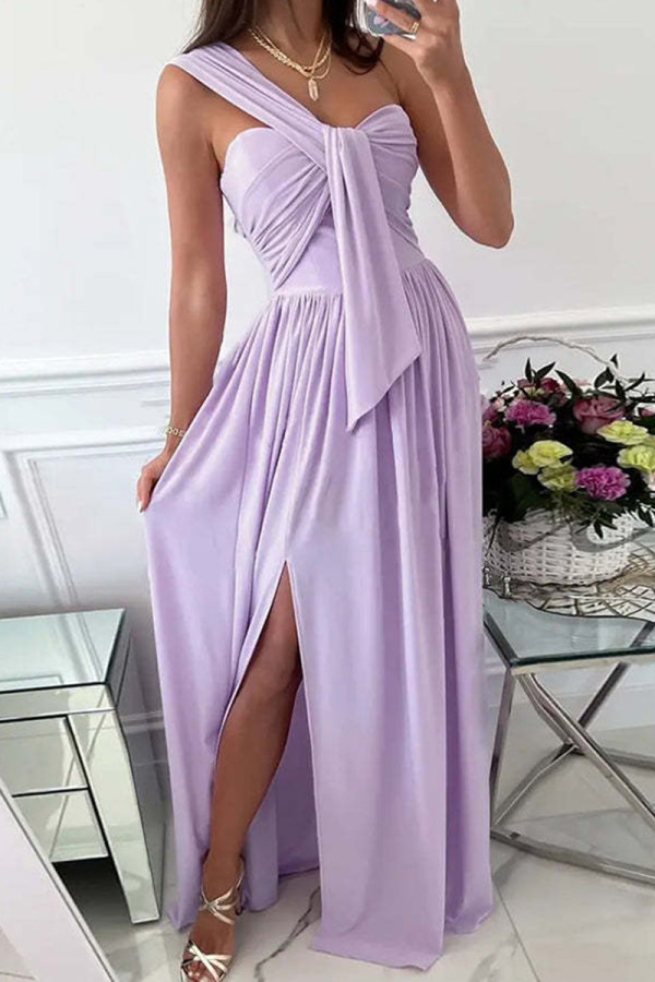 Paarse mode sexy effen patchwork backless split een schouder avondjurk jurken
