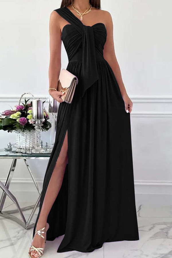 Black Fashion Sexy Solid Patchwork Backless Slit One Shoulder Evening Dress Dresses