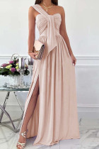 Розовое модное сексуальное однотонное вечернее платье в стиле пэчворк с открытой спиной и разрезом на одно плечо Платья