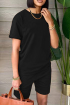 ブラックファッションカジュアルソリッドベーシックOネック半袖ツーピース
