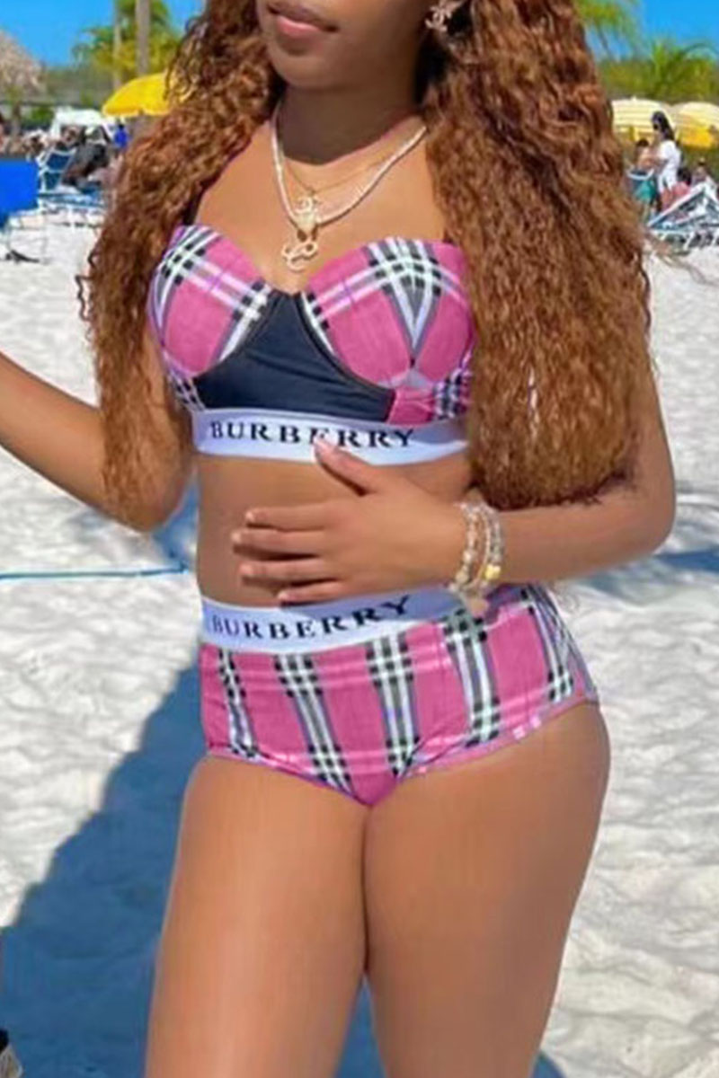

Rose Red Fashion Sexy Plaid Split Joint Swimwears