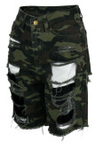 Pantalones cortos de mezclilla rectos de cintura alta rasgados con estampado de camuflaje casual de moda de camuflaje