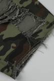 Camouflage Mode Casual Camouflage Print Gescheurde Rechte Denim Shorts met hoge taille