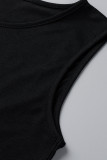 ブラック ファッション カジュアル プリント パッチワーク ベルト付き O ネック ノースリーブ ドレス