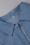 Lichtblauwe mode casual plus size effen patchwork spijkerjurk met kraag