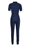 ブルー ファッション カジュアル ソリッド パッチワーク ジッパー カラー ショート スリーブ スキニー デニム ジャンプスーツ