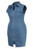 Vestido jeans azul claro fashion casual plus size sólido patchwork gola aberta