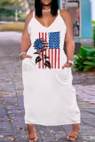 White Blue Fashion Casual Plus Size Flag Star Print Basic V Neck Sling Loose Cami Maxi Dress