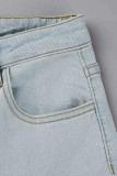 Deep Blue Fashion Casual Solid Bandage High Waist Skinny Denim Jeans