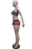 Moda roja Sexy estampado vendaje sin espalda halter sin mangas dos piezas