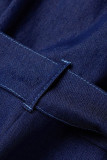 Темно-синие повседневные однотонные джинсовые комбинезоны без рукавов с круглым вырезом в стиле пэчворк и пряжкой