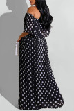 Black Fashion Casual Dot Print Patchwork Backless Off the Shoulder Long Dress