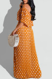 Orange Fashion Casual Dot Print Patchwork Backless Off the Shoulder Long Dress