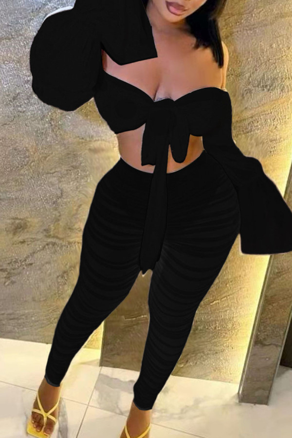 Черные сексуальные однотонные прозрачные лоскутные платья из двух частей с открытыми плечами и длинными рукавами