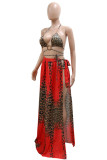Conjunto de tres piezas de trajes de baño sin espalda con vendaje de leopardo estampado sexy de moda roja (con rellenos)