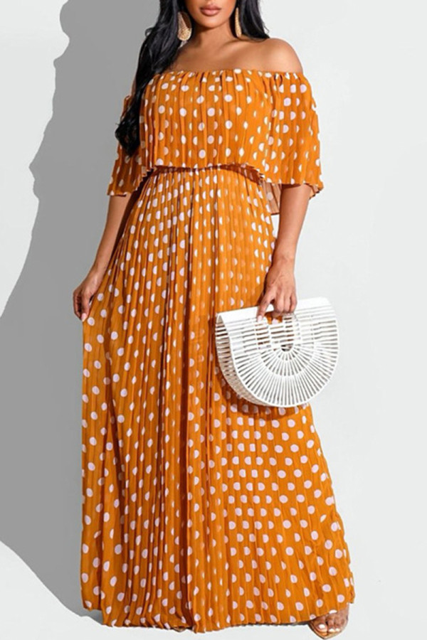 オレンジ色のファッションカジュアルドットプリントパッチワークバックレスオフショルダーロングドレス
