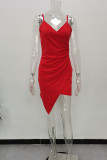 Red Fashion Sexy Solid Patchwork Backless V Neck Sling Dress
