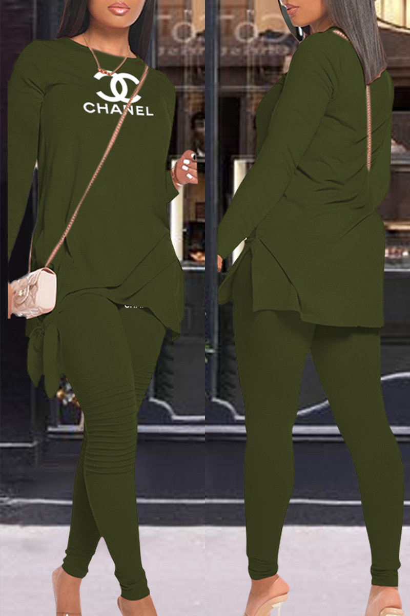 

Army Green Fashion Casual Print Patchwork O Neck Long Sleeve Two Pieces