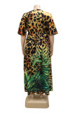Multicolor Fashion Casual Plus Size Print Leopard Basic V-Ausschnitt Kurzarmkleid