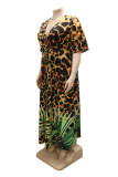 Vestido de manga corta con cuello en V básico de leopardo con estampado de talla grande informal de moda multicolor