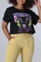 ブラックピンクファッションカジュアルレタープリントベーシックOネックTシャツ