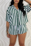 Coffee Casual Striped Print Patchwork Buckle Turndown Collar Short Sleeve Two Pieces