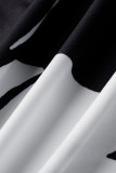 Schwarzes, modisches, lässiges Patchwork-Kleid mit Gürtel und O-Ausschnitt