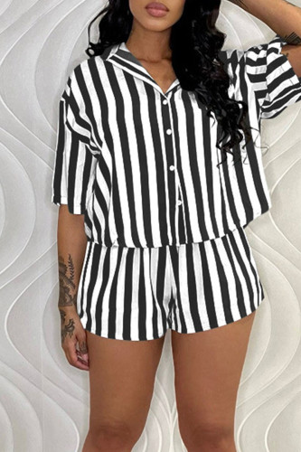 Black Casual Striped Print Patchwork Buckle Turndown Collar Short Sleeve Two Pieces