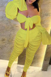 Желтый сексуальный однотонный пэчворк из двух частей с открытыми плечами и длинными рукавами