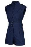 Dark Blue Casual Solid Patchwork Buckle O Neck Sleeveless Straight Denim Jumpsuits