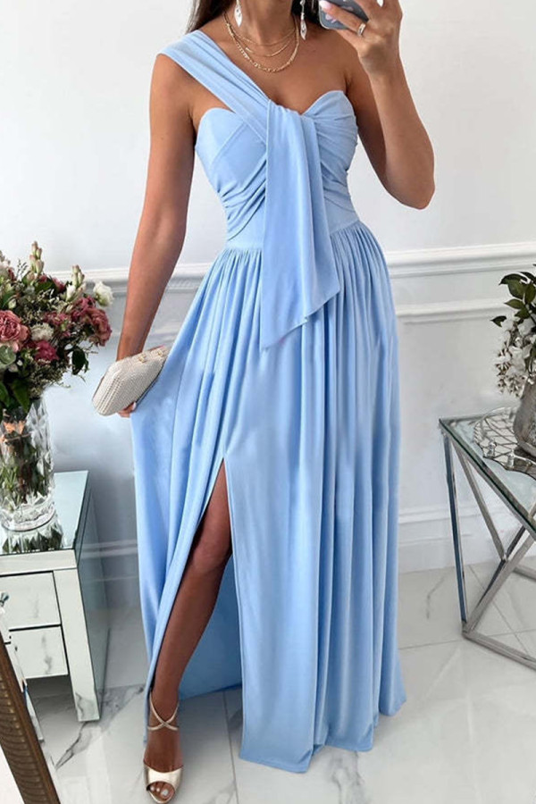 ブルーファッションセクシーなソリッドパッチワーク背中の開いたスリットワンショルダーイブニングドレスドレス