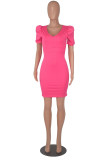 Rose Red Fashion Casual Solid Basic V Neck Short Sleeve Dress Dresses