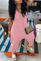 ピンクのファッションカジュアルソリッドバックレススパゲッティストラップレギュラージャンプスーツ
