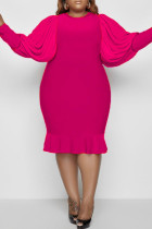 Розово-красные модные повседневные однотонные лоскутные платья с круглым вырезом и длинными рукавами больших размеров
