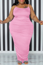 Roze sexy casual plus size effen rugloze lange jurk met spaghettibandjes