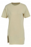 Vestido de camiseta con cuello en O y hendidura de patchwork sólido informal de color caqui Vestidos