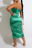 グリーンファッションセクシーなソリッドパッチワークスリットスパゲッティストラップノースリーブドレスドレス