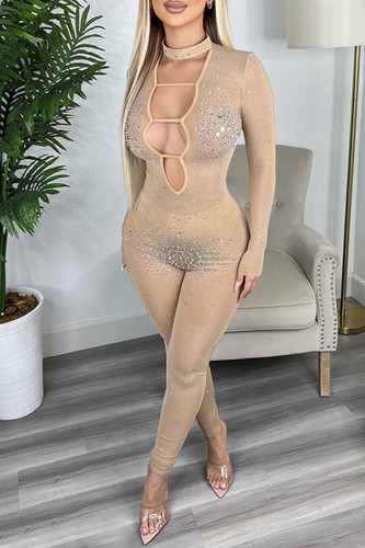 Apricot Fashion Sexy Patchwork Hot Drilling Hollowed Out See-through O Neck Skinny Jumpsuits