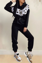 Negro moda casual estampado patchwork cuello con capucha manga larga dos piezas