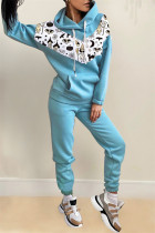 azzurro moda casual stampa patchwork colletto con cappuccio manica lunga due pezzi