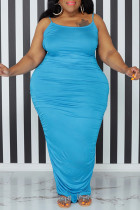 Синее сексуальное повседневное длинное платье больших размеров с открытой спиной и бретельками