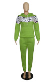 グリーンファッションカジュアルプリントパッチワークフード付きカラー長袖ツーピース