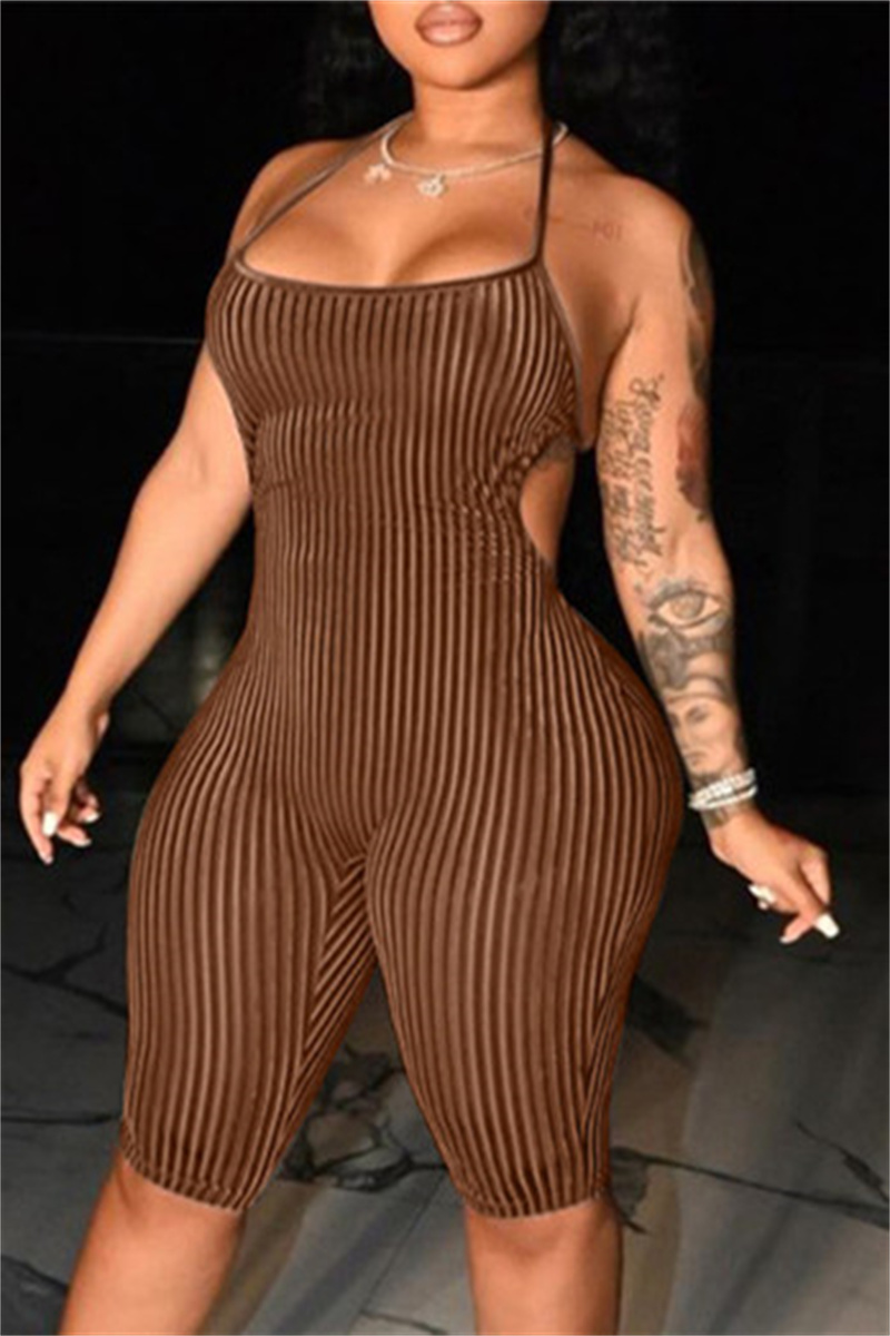 

Brown Sexy Casual Solid Bandage Backless Halter Skinny Romper