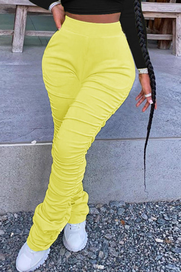 Pantalones de cintura alta regulares con pliegues sólidos casuales de moda amarillos